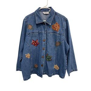 Sana Studio Jean Jacket Plus Size 2X Embroidered Button Front Long Sleeve Denim